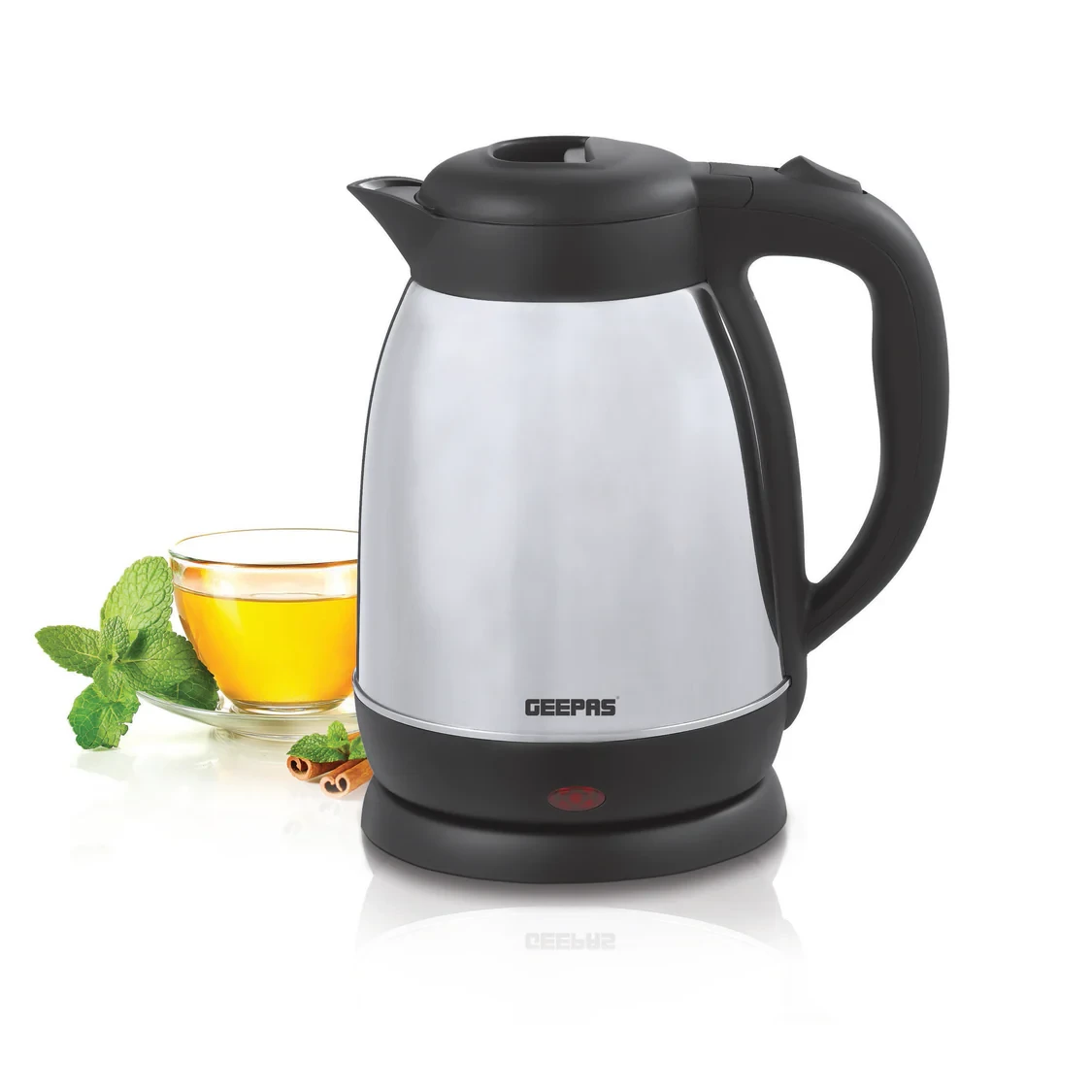 Geepas GK5459 Stainless Steel Electric Kettle with 1.5L capacity, 360-degree cordless jug, hidden heating element, boil-dry protection, and automatic shut-off.