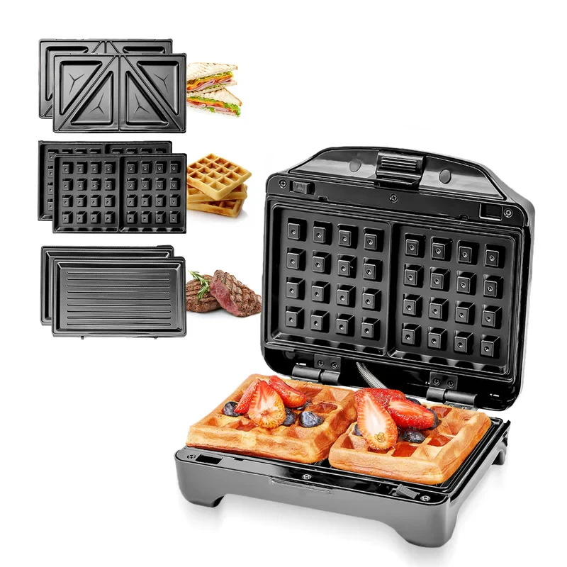 The Geepas Kec-1 Sandwich Maker GSM5425 is a 750W powerful machine that includes both grill and waffle plates. It features a non-stick coating for easy use and cleaning.