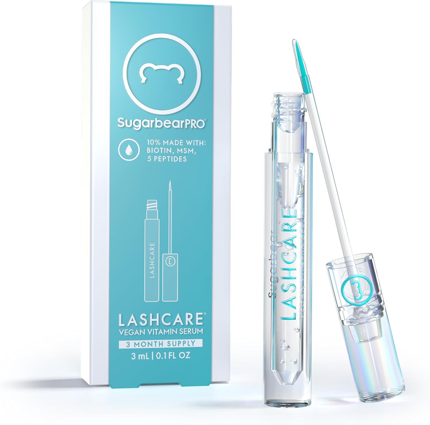 SugarbearPRO LashCare Vegan Vitamin-Infused Lash Serum, Alcohol Free - 3 Month Supply, Promotes Appearance of Longer, Thicker Eyelashes
