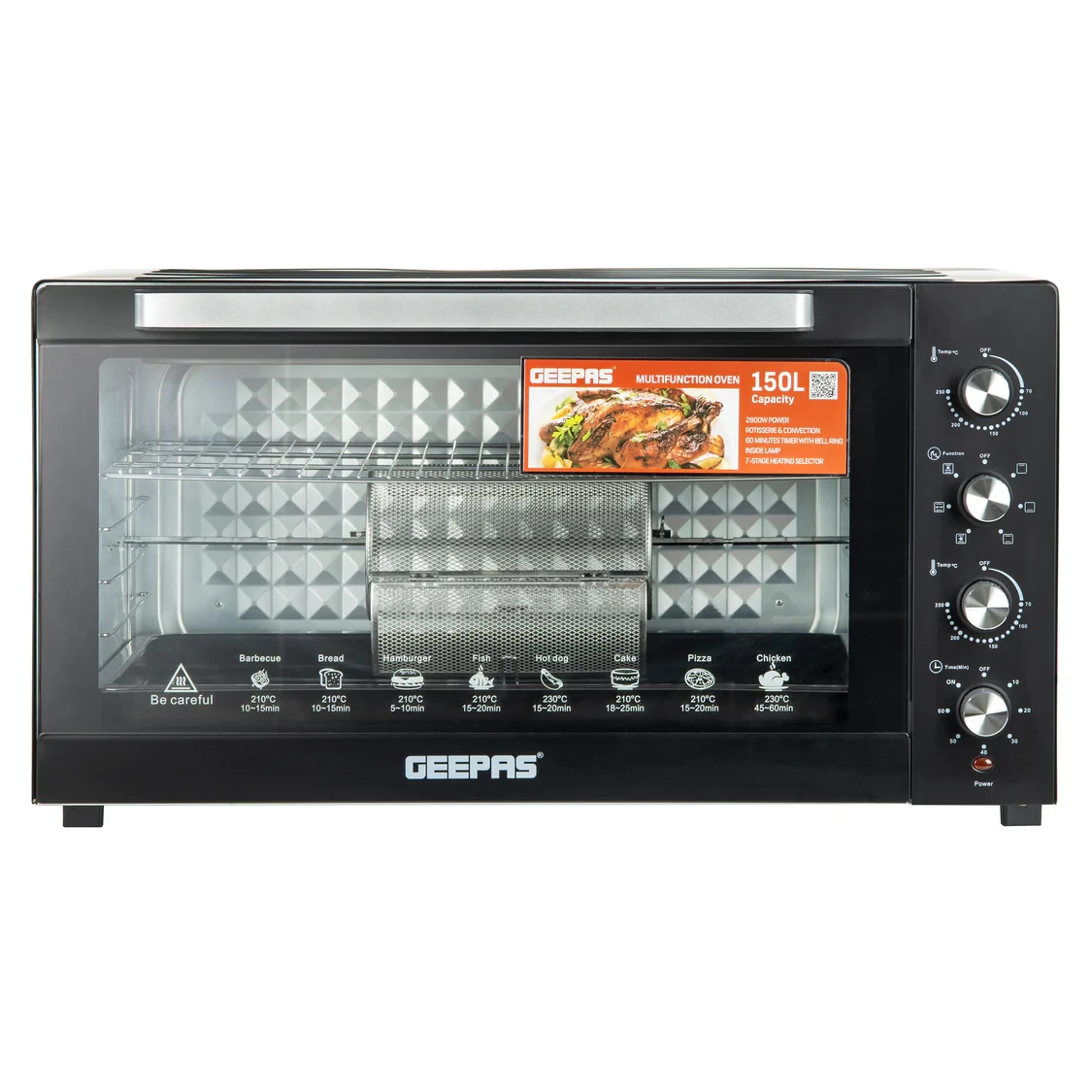 The Geepas Multi-Function Oven GO34055 has a 150-liter capacity and uses 2800 watts of power.