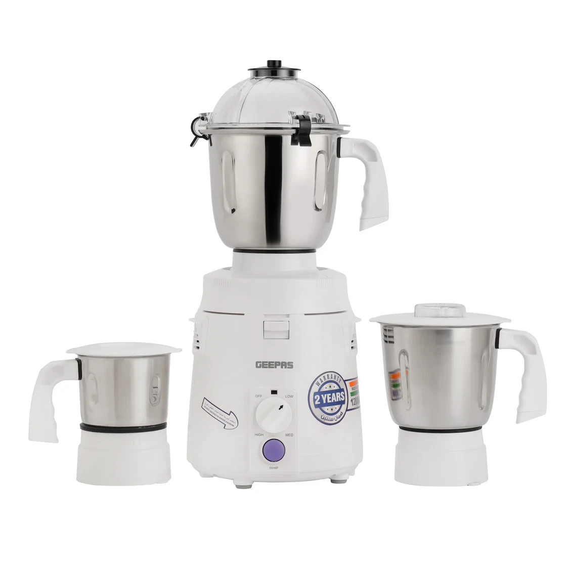 Geepas 3-in-1 Mixer Grinder - GSB44114, 1200 watts, comes with stainless steel jars and blades, unbreakable jar caps, multi-safe function, anti-slip feet, and has 3 speed settings.