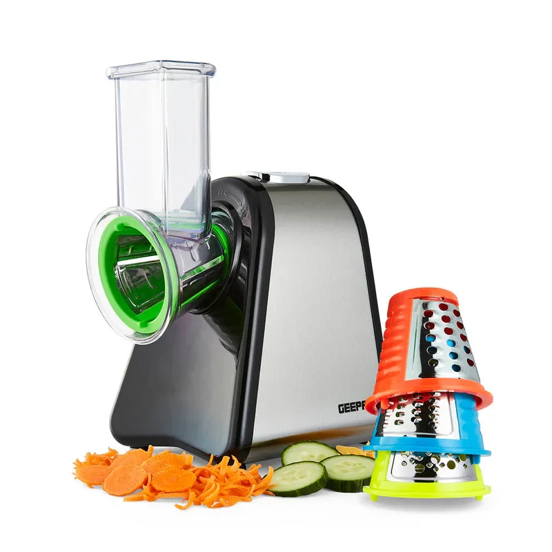 Geepas 4-in-1 Salad Maker GSM63022UK comes with a 200W strong motor. It includes four stainless steel cones that make slicing, shredding, grating, and grinding easy. It's simple to use.