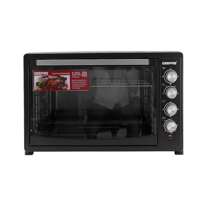 Geepas Electric Oven GO4461, 120-liter capacity, 2800W power, features convection and rotisserie functions, adjustable temperature control, and a multi-functional design.