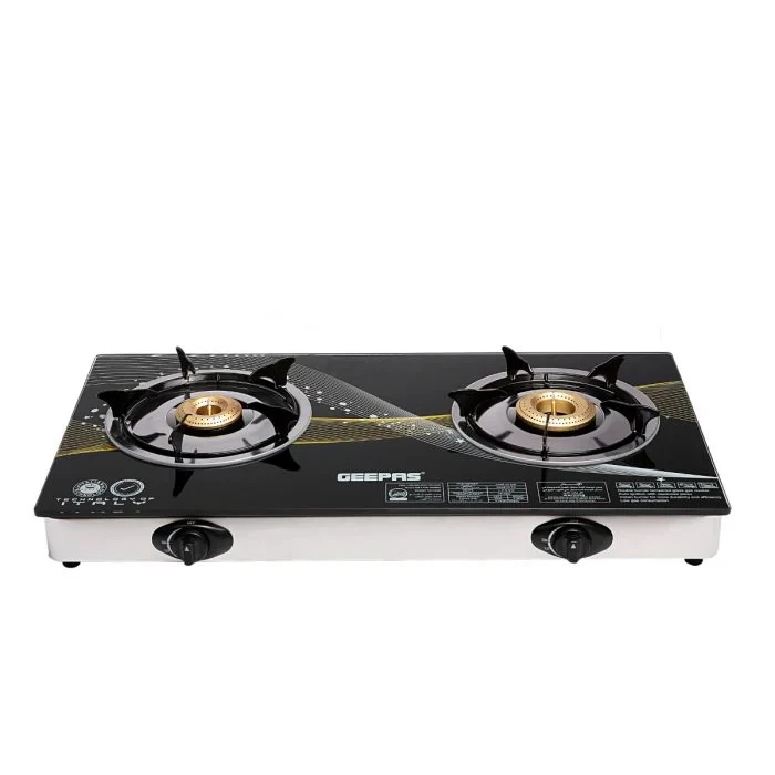 Geepas GK6879 stainless steel gas cooker with two burners, features auto piezo ignition, flame failure safety, 5.4kW power, low gas consumption, and saves up to 60% energy.
