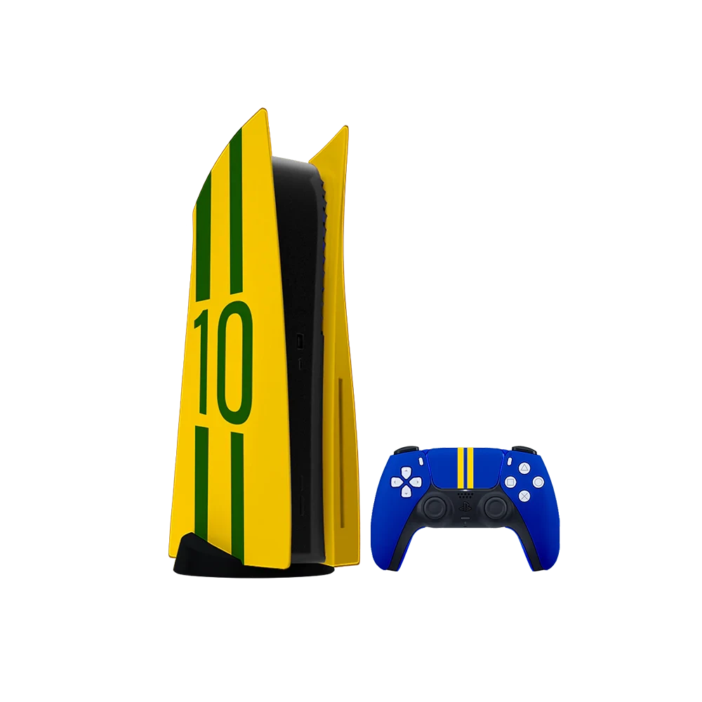 Merlin Craft customized PS5 gaming console with international disc version, including one custom controller in Brazil green, 1TB SSD, and 4K gaming capabilities.